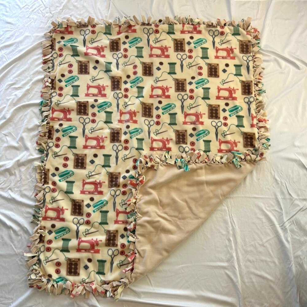 Handmade Soft Reversable Soft Tie Large Throw Fleece Blanket "Sewing Life"